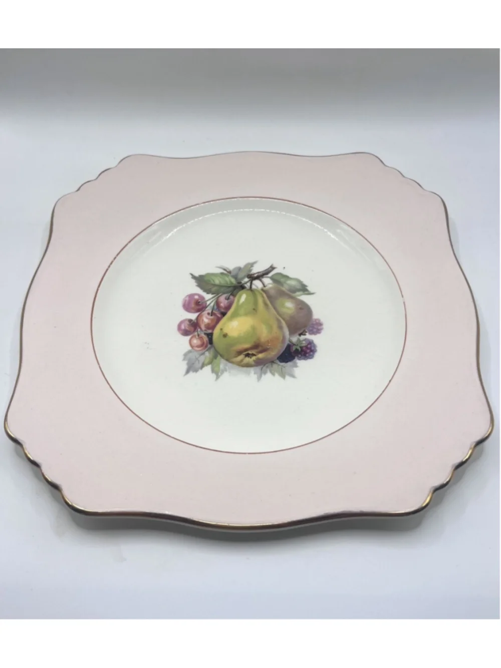 Royal Winton England Grimwades Plate 8.5” Pink Square Fruit Scalloped Gold Edges